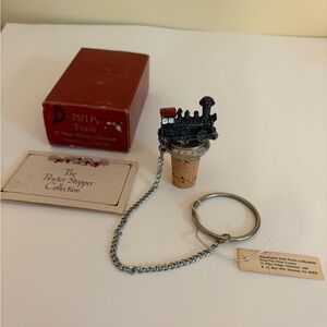Vintage WTU Pewter Train Locomotive Bottle Stopper Cork Chain NIB